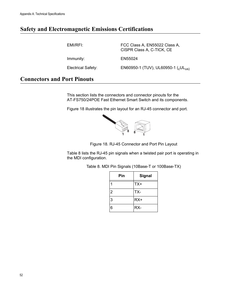 Connectors and port pinouts, Figure 19: rj-45 connector and port pin layout, Rj-45 connector and port pin layout 52 | Table 8. mdi pin signals (10base-t or 100base-tx) | Allied Telesis AT-FS750/24POE User Manual | Page 52 / 54