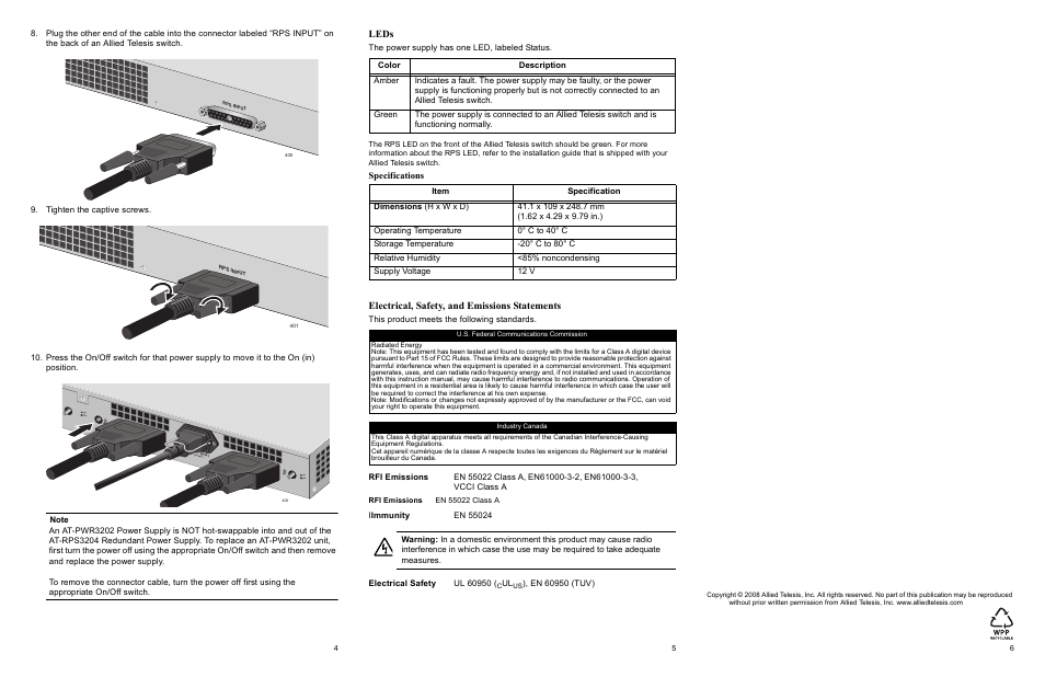Leds, Electrical, safety, and emissions statements, Specifications | Allied Telesis AT-PWR3202 User Manual | Page 2 / 2