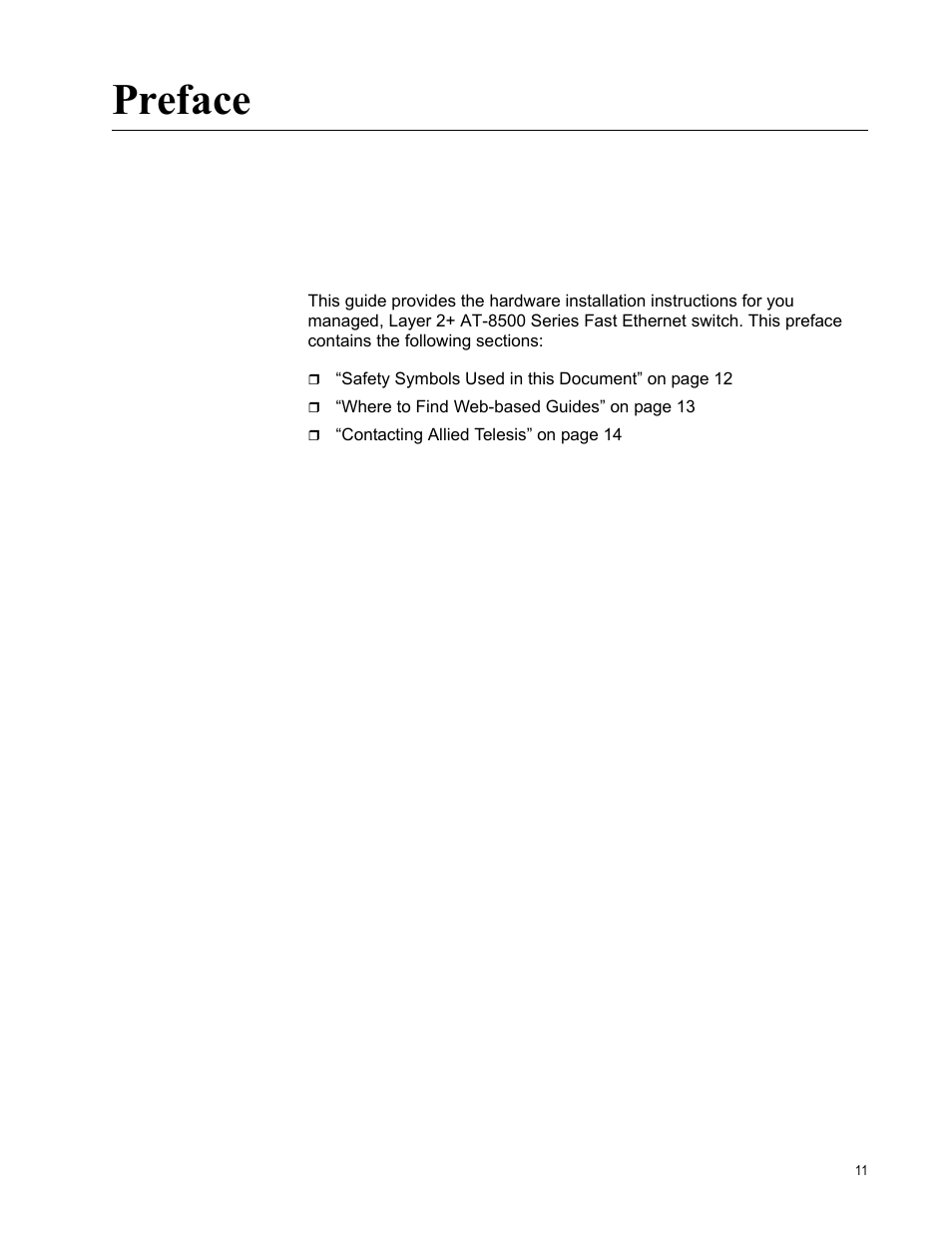 Preface | Allied Telesis AT-8550SP User Manual | Page 11 / 90