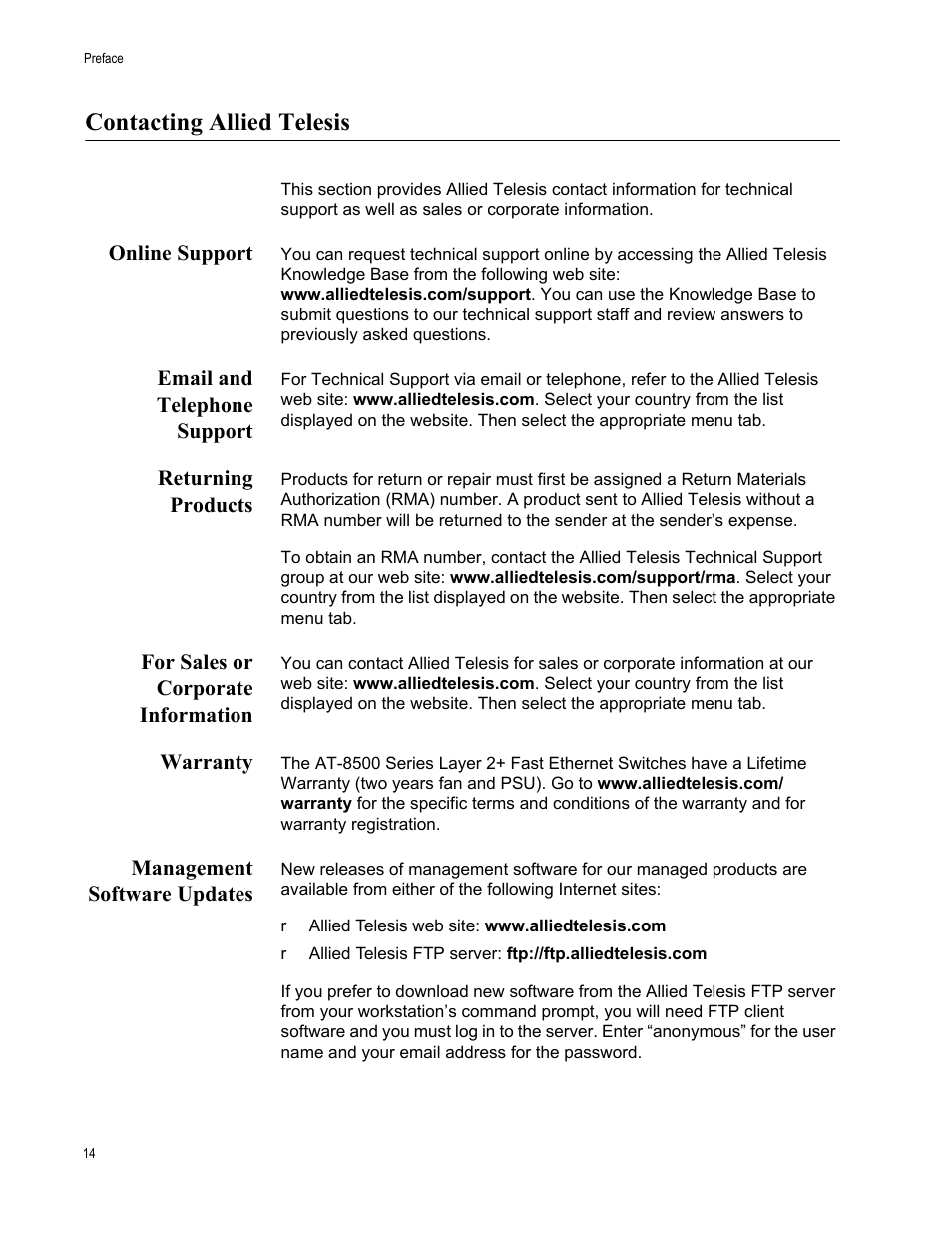 Contacting allied telesis, Online support, Email and telephone support | Returning products, For sales or corporate information, Warranty, Management software updates | Allied Telesis AT-8550SP User Manual | Page 14 / 90