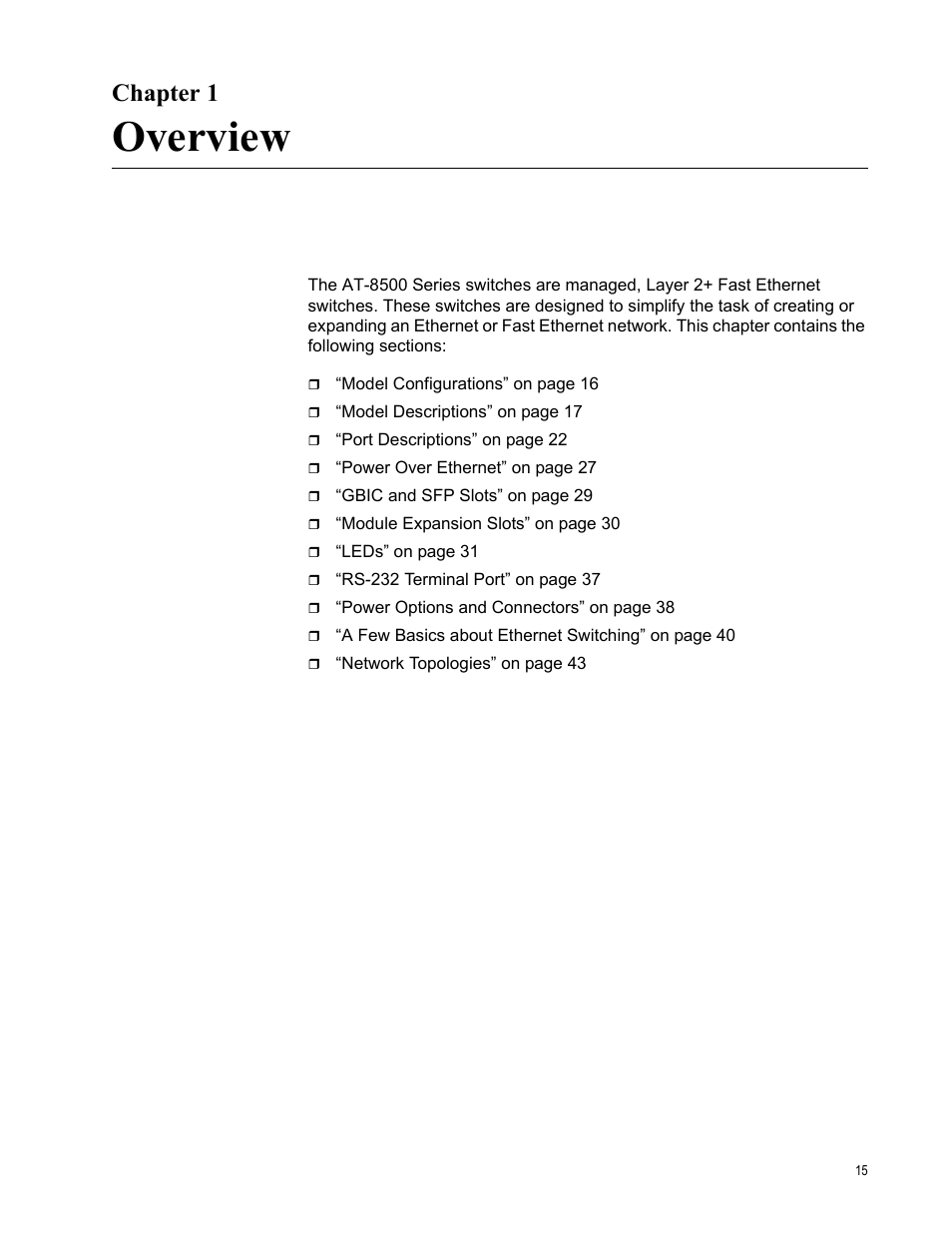 Chapter 1, Overview | Allied Telesis AT-8550SP User Manual | Page 15 / 90