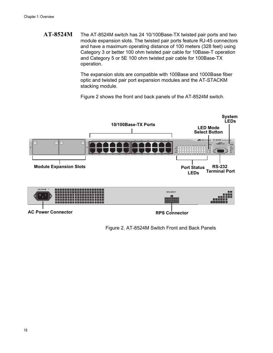 At8524m, At-8524m, Figure 2. at-8524m switch front and back panels 10 | Figure 2. at-8524m switch front and back panels, Chapter 1: overview 18 | Allied Telesis AT-8550SP User Manual | Page 18 / 90