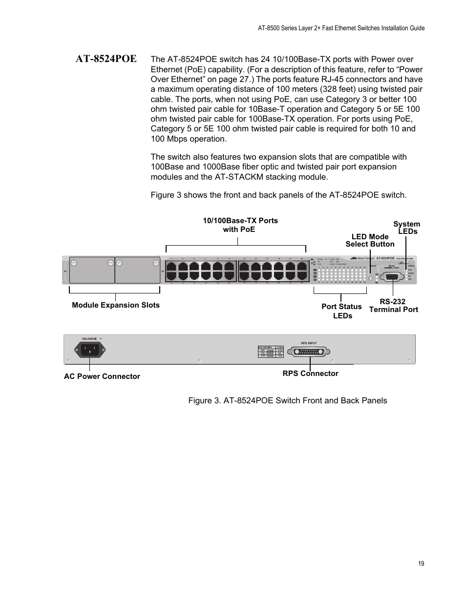 At-8524poe, Figure 3. at-8524poe switch front and back panels | Allied Telesis AT-8550SP User Manual | Page 19 / 90