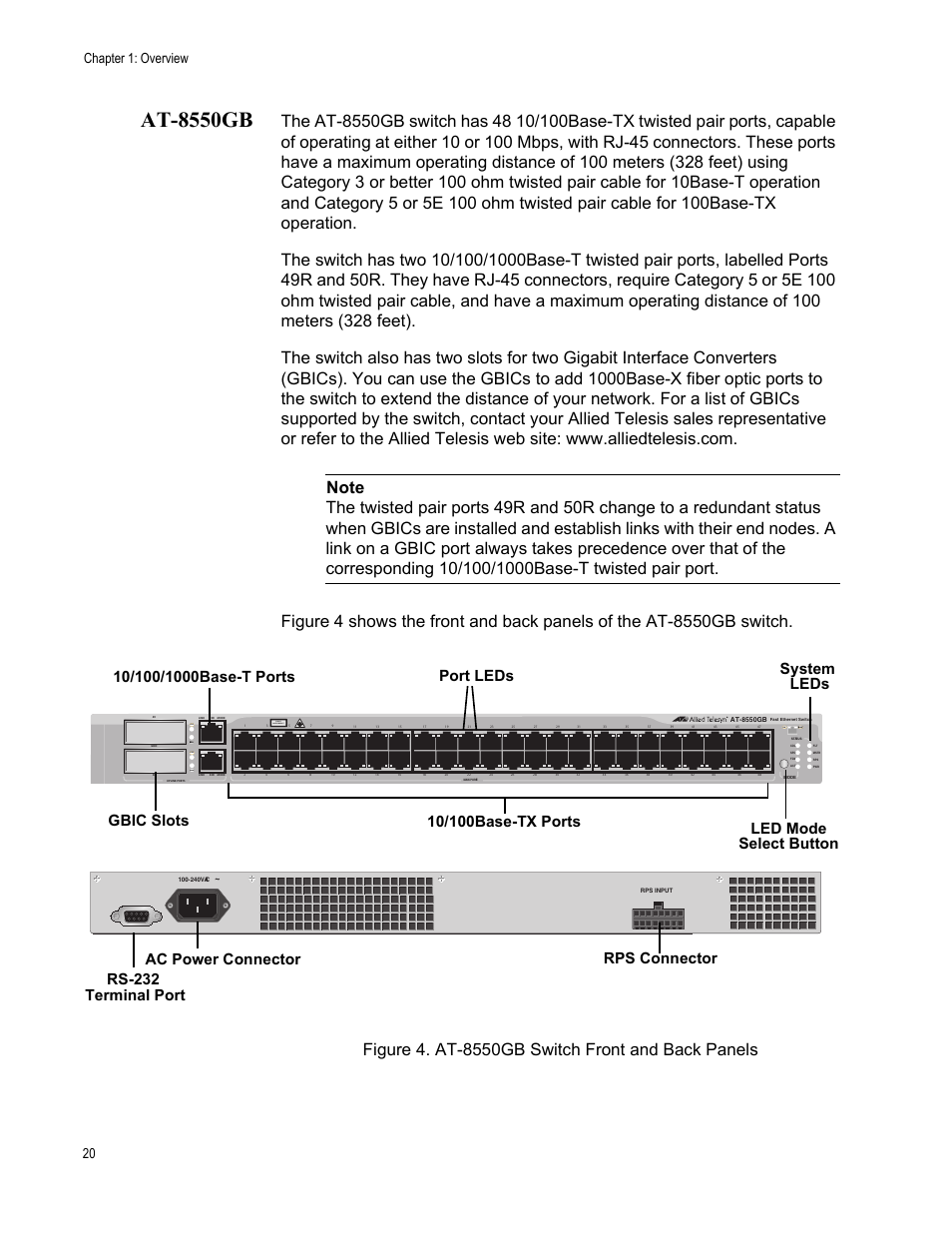 At-8550gb, Figure 4. at-8550gb switch front and back panels, Chapter 1: overview 20 | Link, Class 1 laser product | Allied Telesis AT-8550SP User Manual | Page 20 / 90