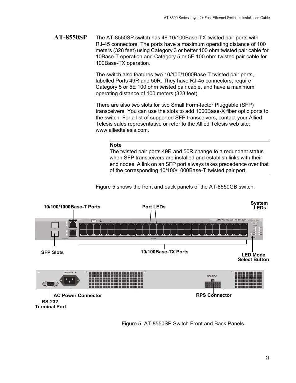 At-8550sp, Figure 5. at-8550sp switch front and back panels, Port leds sfp slots | Link, Class 1 laser product | Allied Telesis AT-8550SP User Manual | Page 21 / 90