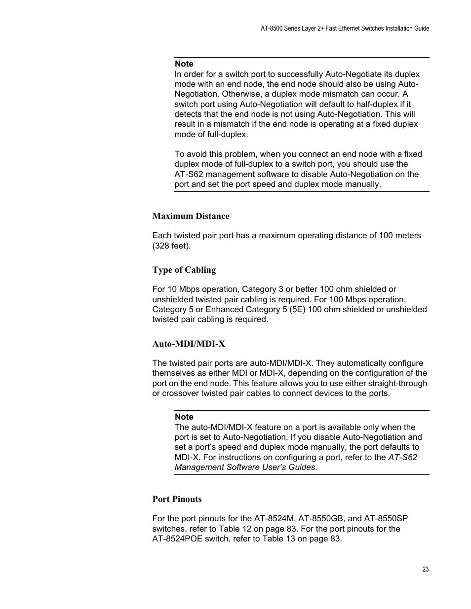 Maximum distance, Type of cabling, Auto-mdi/mdix | Port pinouts | Allied Telesis AT-8550SP User Manual | Page 23 / 90