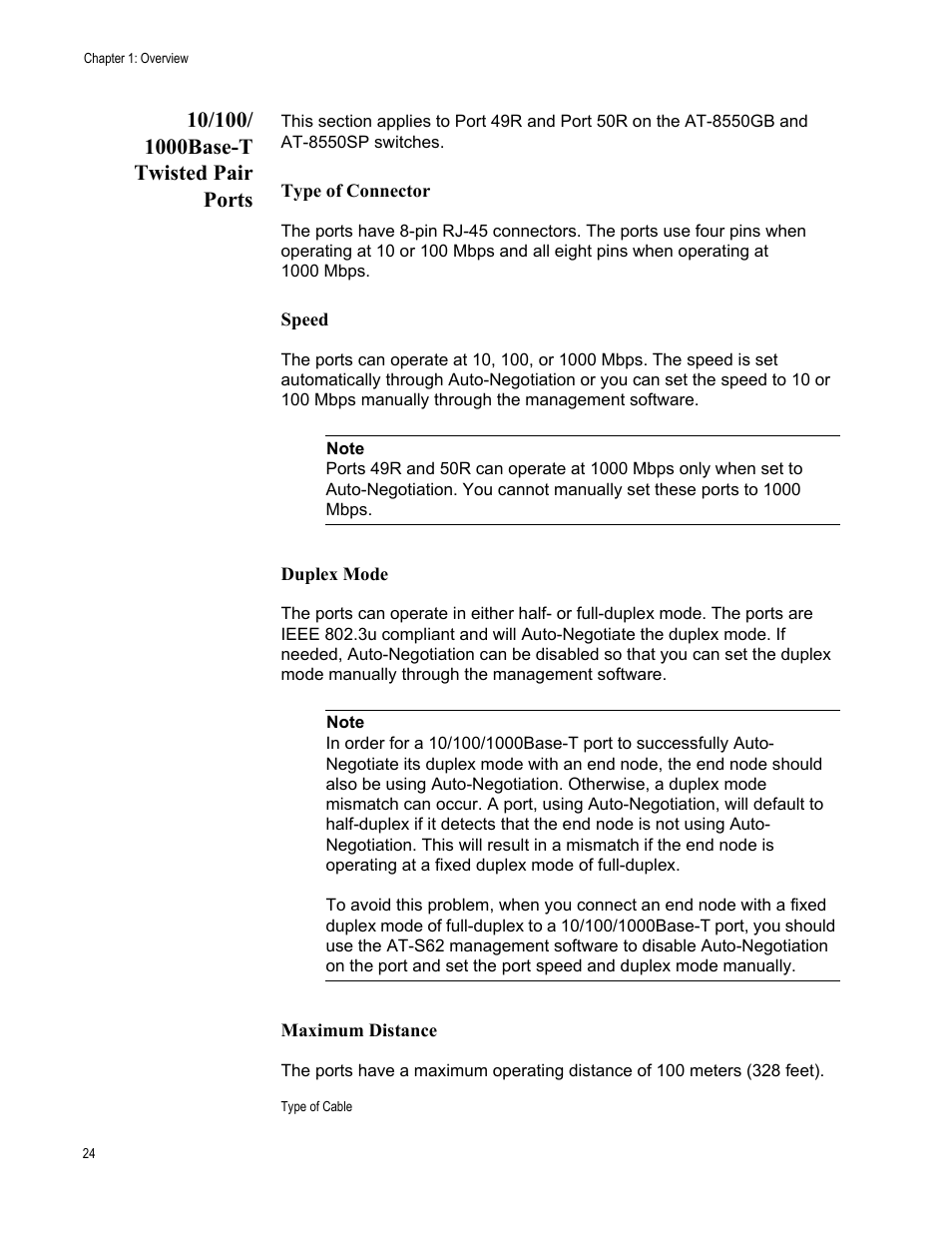 10/100/ 1000baset twisted pair ports, Type of connector, Speed | Duplex mode, Maximum distance, 10/100/1000base-t twisted pair ports | Allied Telesis AT-8550SP User Manual | Page 24 / 90