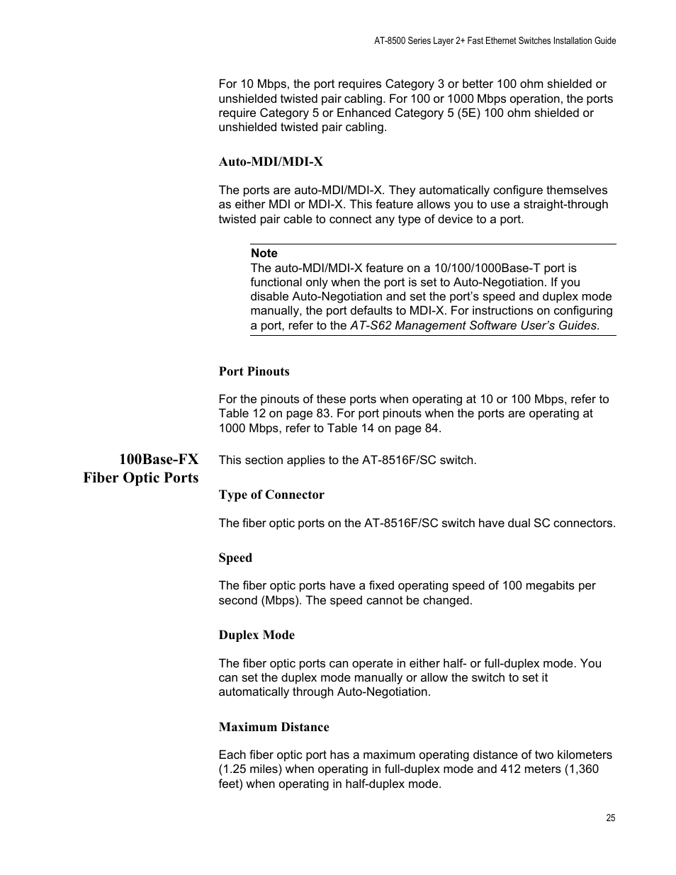 Auto-mdi/mdix, Port pinouts, 100base-fx fiber optic ports | Type of connector, Speed, Duplex mode, Maximum distance | Allied Telesis AT-8550SP User Manual | Page 25 / 90