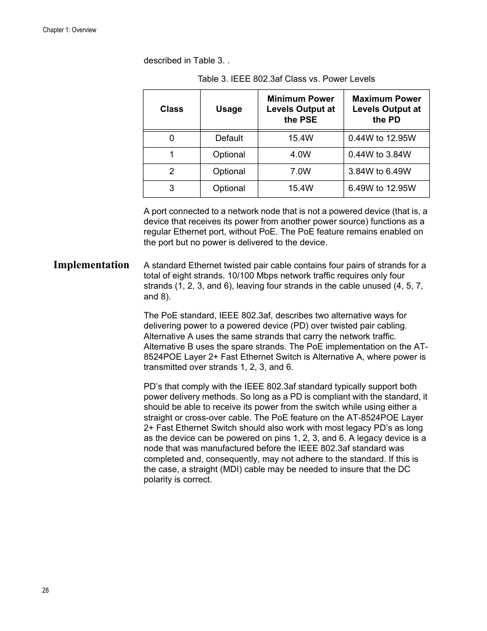 Implementation, Table 3. ieee 802.3af class vs. power levels | Allied Telesis AT-8550SP User Manual | Page 28 / 90