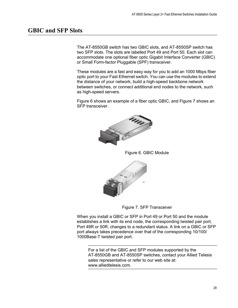 Gbic and sfp slots, Figure 6. gbic module figure 7. sfp transceiver | Allied Telesis AT-8550SP User Manual | Page 29 / 90