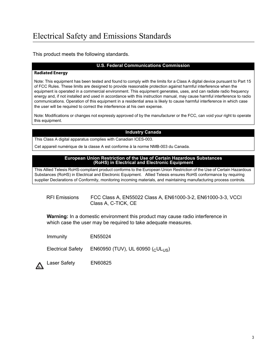 Electrical safety and emissions standards | Allied Telesis AT-8550SP User Manual | Page 3 / 90
