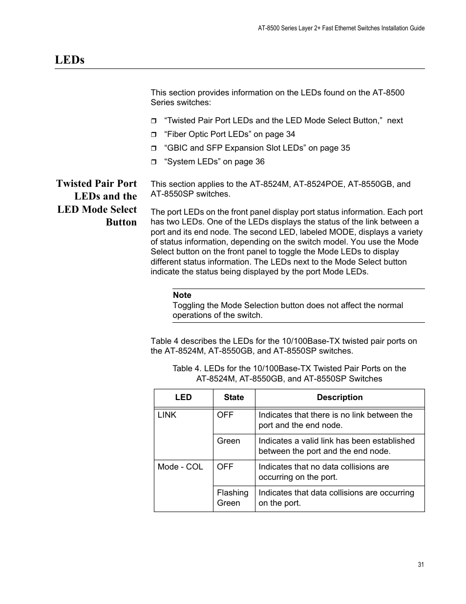 Leds | Allied Telesis AT-8550SP User Manual | Page 31 / 90