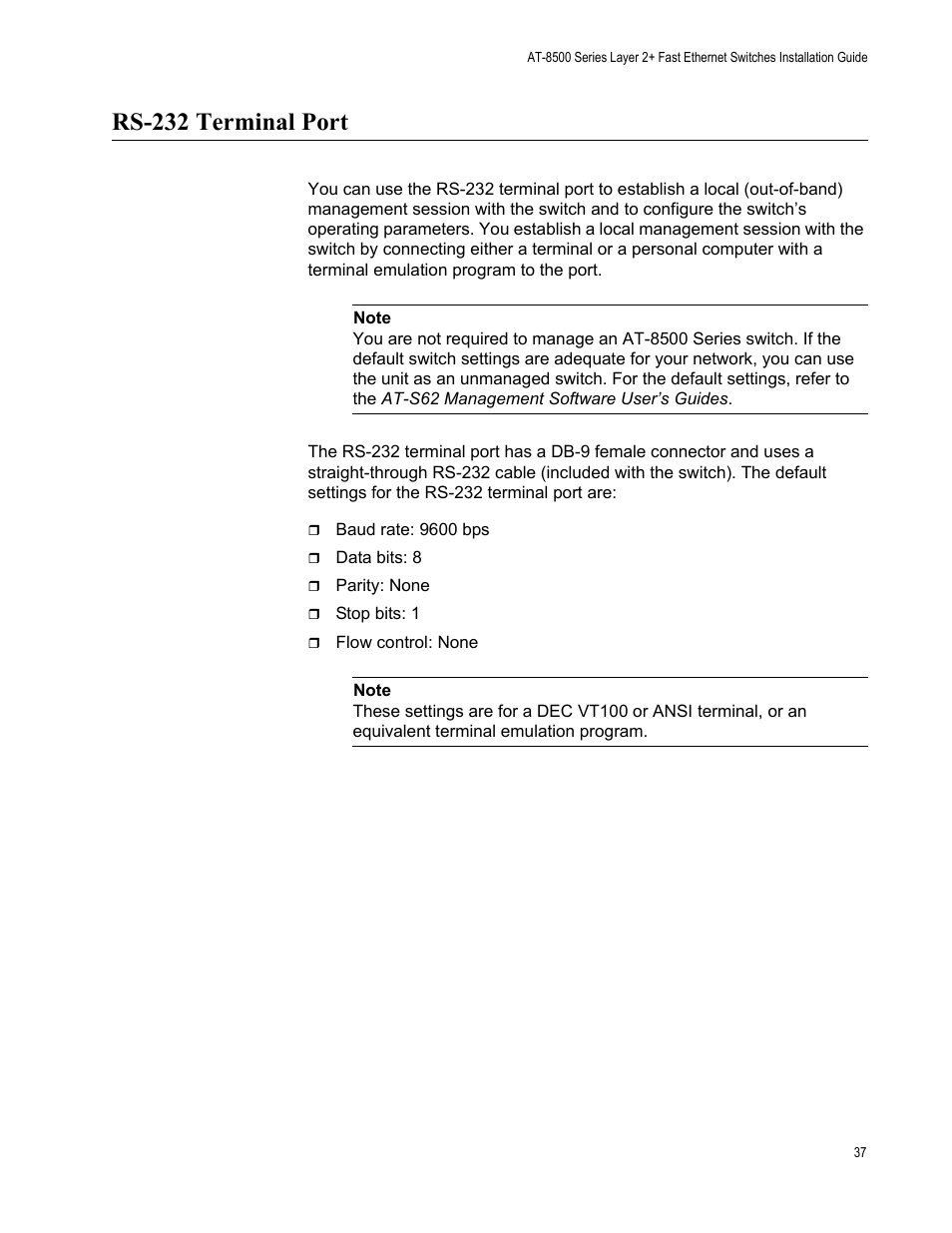Rs-232 terminal port | Allied Telesis AT-8550SP User Manual | Page 37 / 90