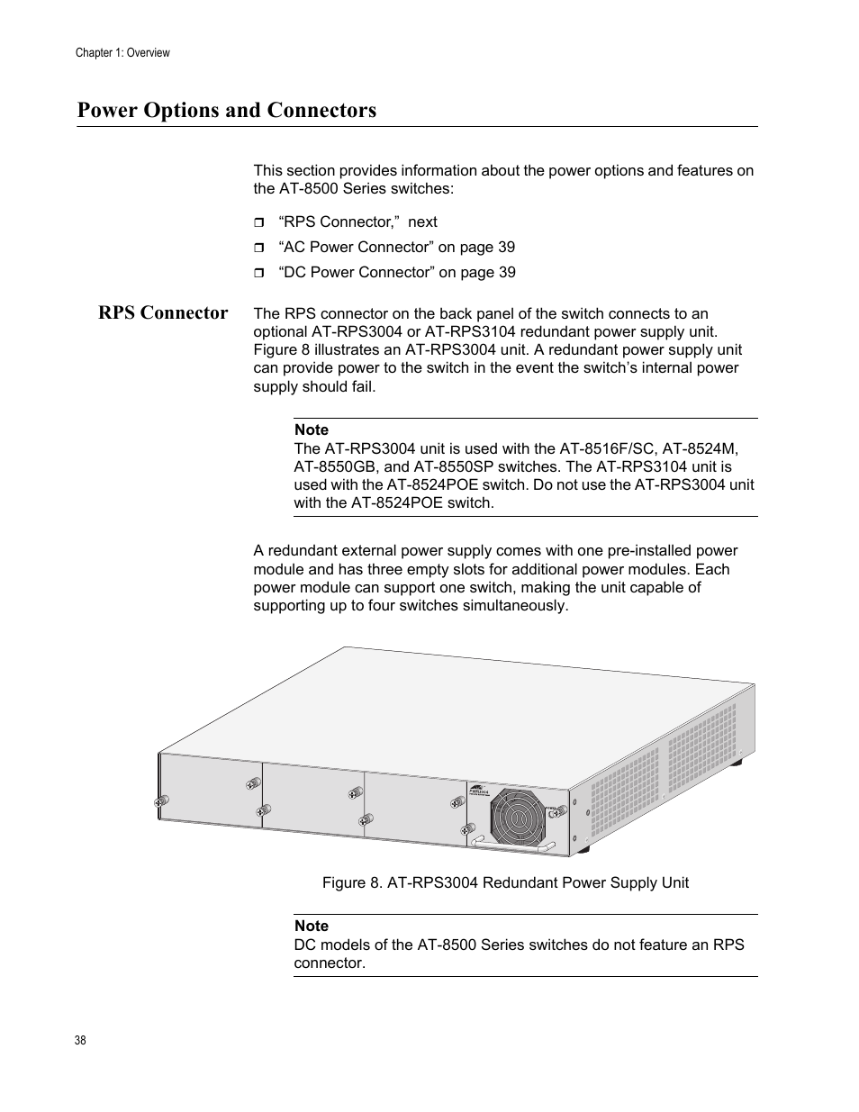 Power options and connectors, Rps connector, Figure 8. at-rps3004 redundant power supply unit | Allied Telesis AT-8550SP User Manual | Page 38 / 90