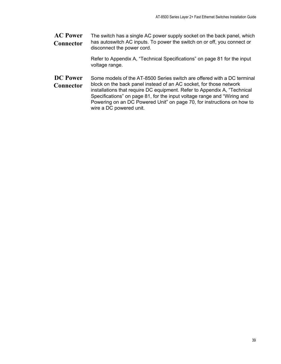 Ac power connector, Dc power connector, Ac power connector dc power connector | Allied Telesis AT-8550SP User Manual | Page 39 / 90