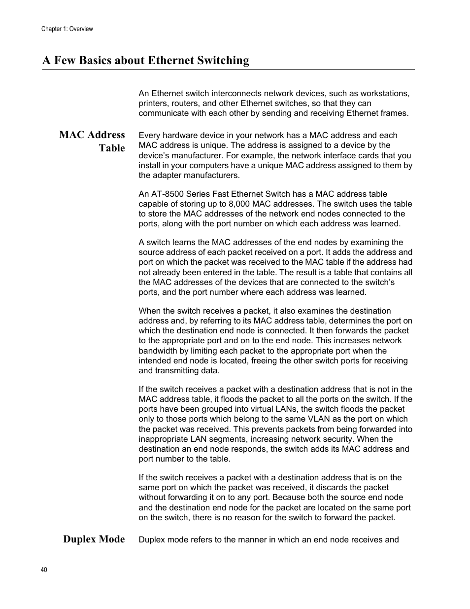 A few basics about ethernet switching, Mac address table, Duplex mode | Mac address table duplex mode | Allied Telesis AT-8550SP User Manual | Page 40 / 90