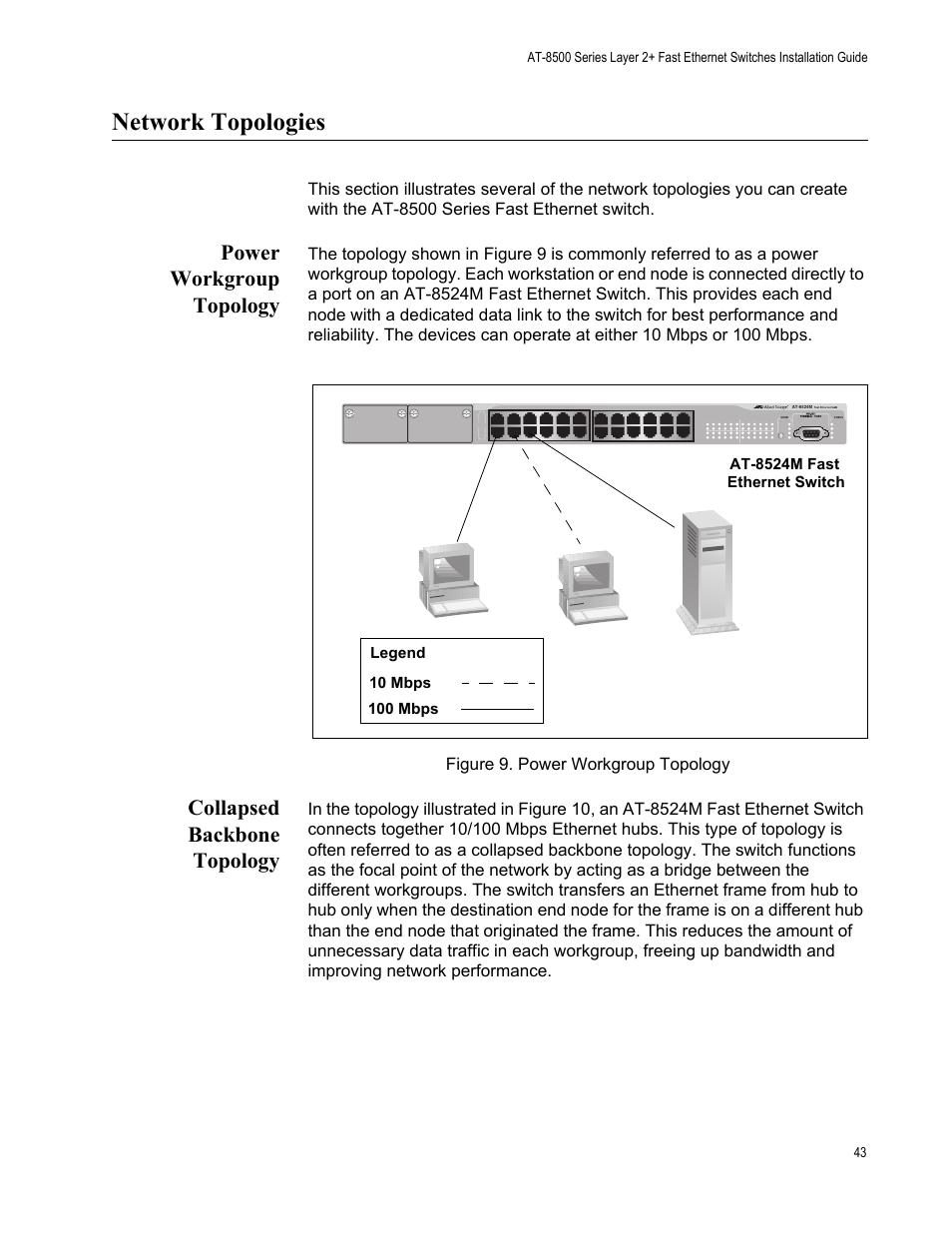 Network topologies, Power workgroup topology, Collapsed backbone topology | Figure 9. power workgroup topology 35, Figure 9. power workgroup topology | Allied Telesis AT-8550SP User Manual | Page 43 / 90