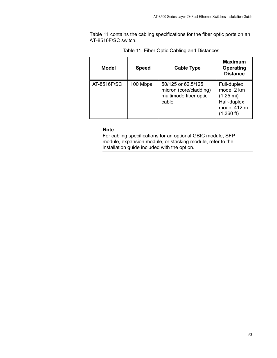 Table 11. fiber optic cabling and distances | Allied Telesis AT-8550SP User Manual | Page 53 / 90