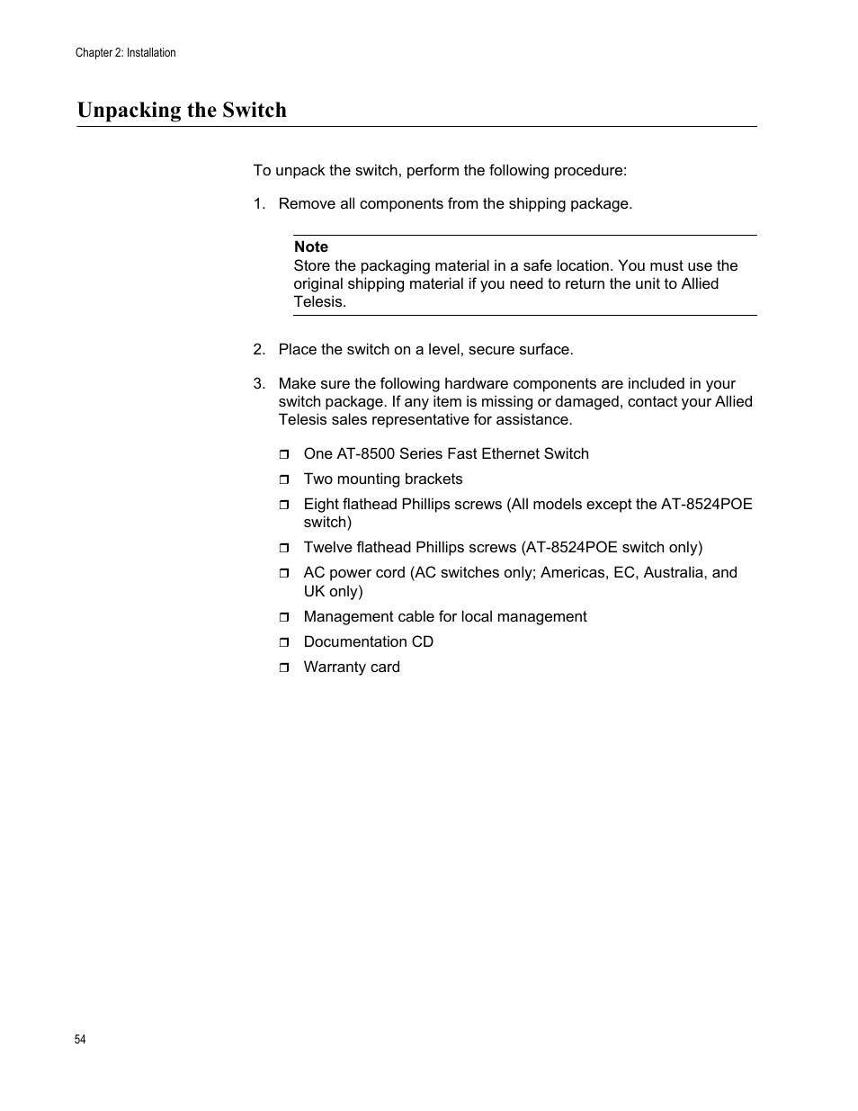 Unpacking the switch, Remove all components from the shipping package | Allied Telesis AT-8550SP User Manual | Page 54 / 90