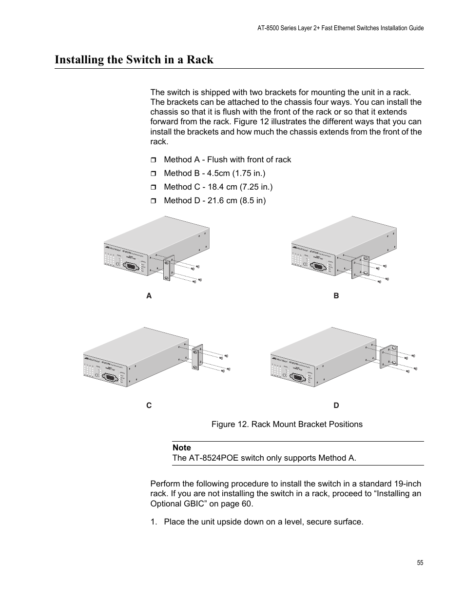 Installing the switch in a rack, Figure 12. rack mount bracket positions, Method a - flush with front of rack | Ab c d, Col 100 full act | Allied Telesis AT-8550SP User Manual | Page 55 / 90