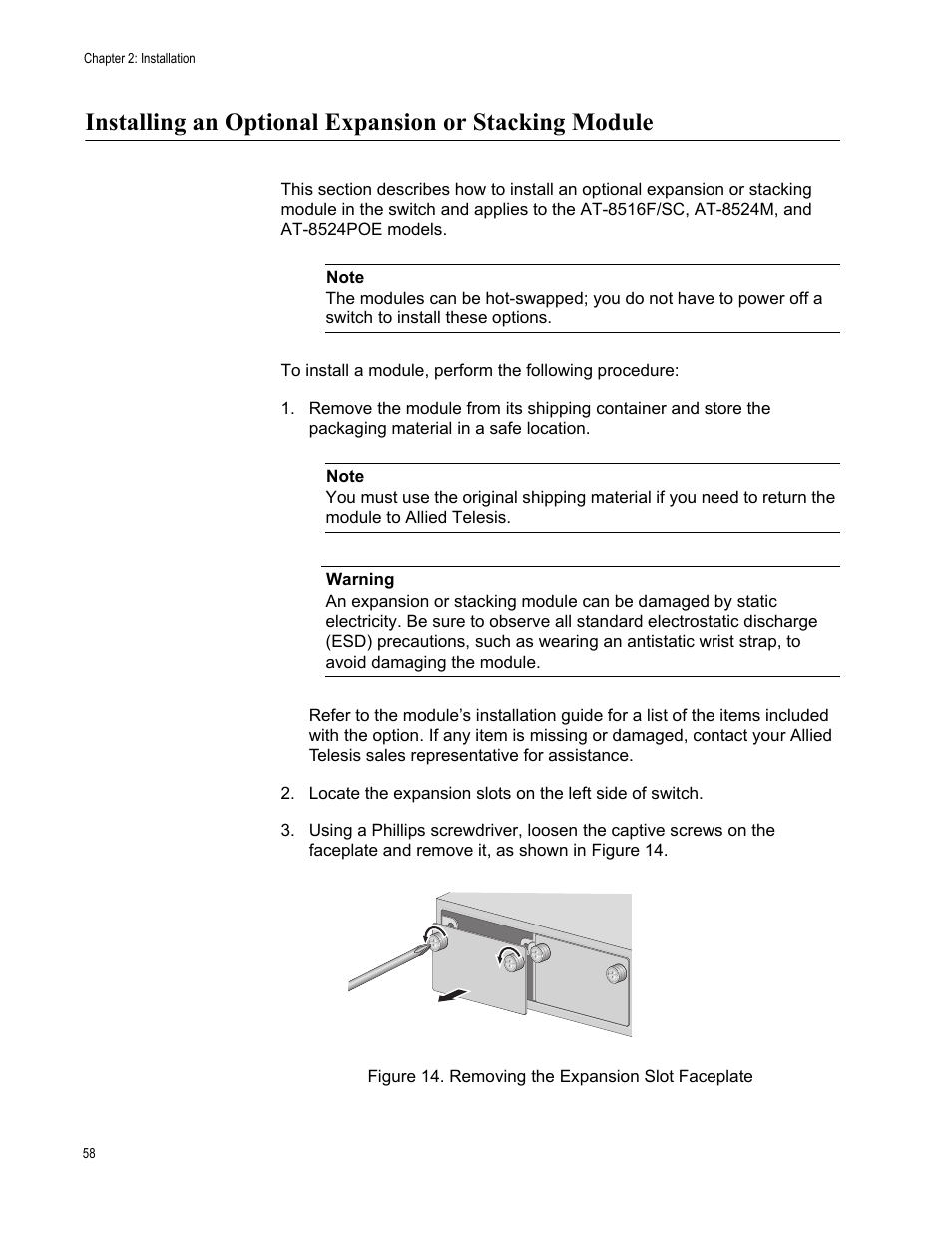 Figure 14. removing the expansion slot faceplate | Allied Telesis AT-8550SP User Manual | Page 58 / 90