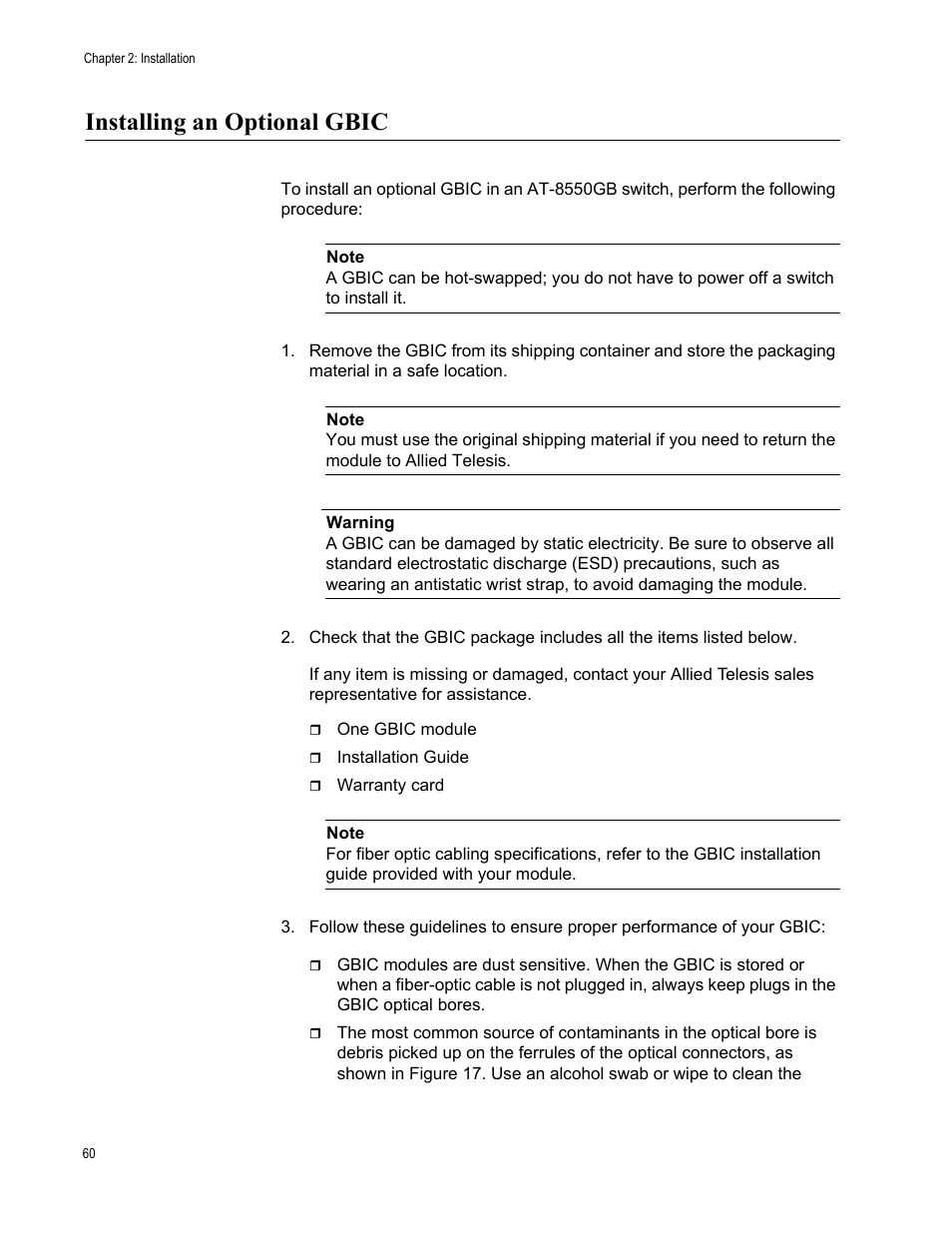 Installing an optional gbic | Allied Telesis AT-8550SP User Manual | Page 60 / 90