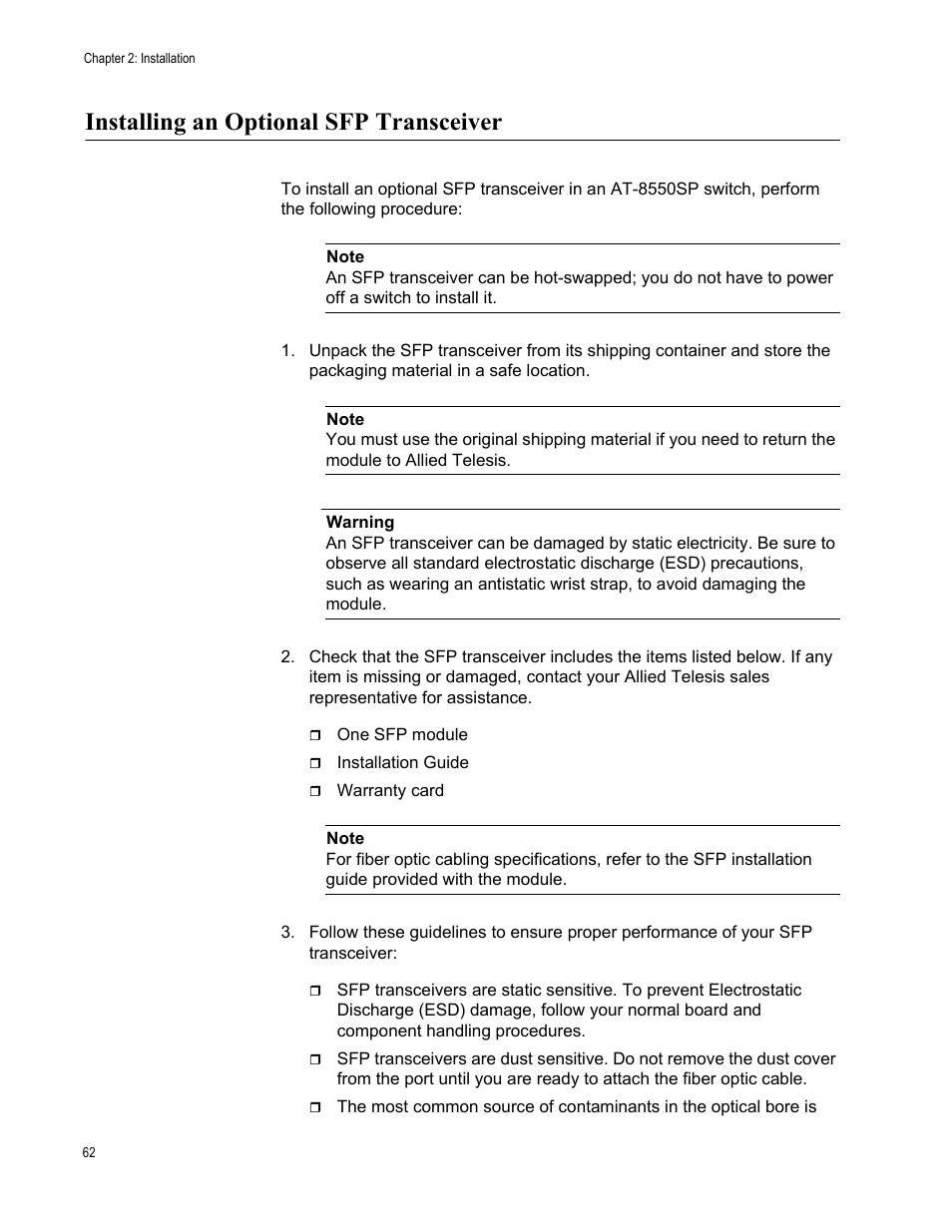 Installing an optional sfp transceiver | Allied Telesis AT-8550SP User Manual | Page 62 / 90