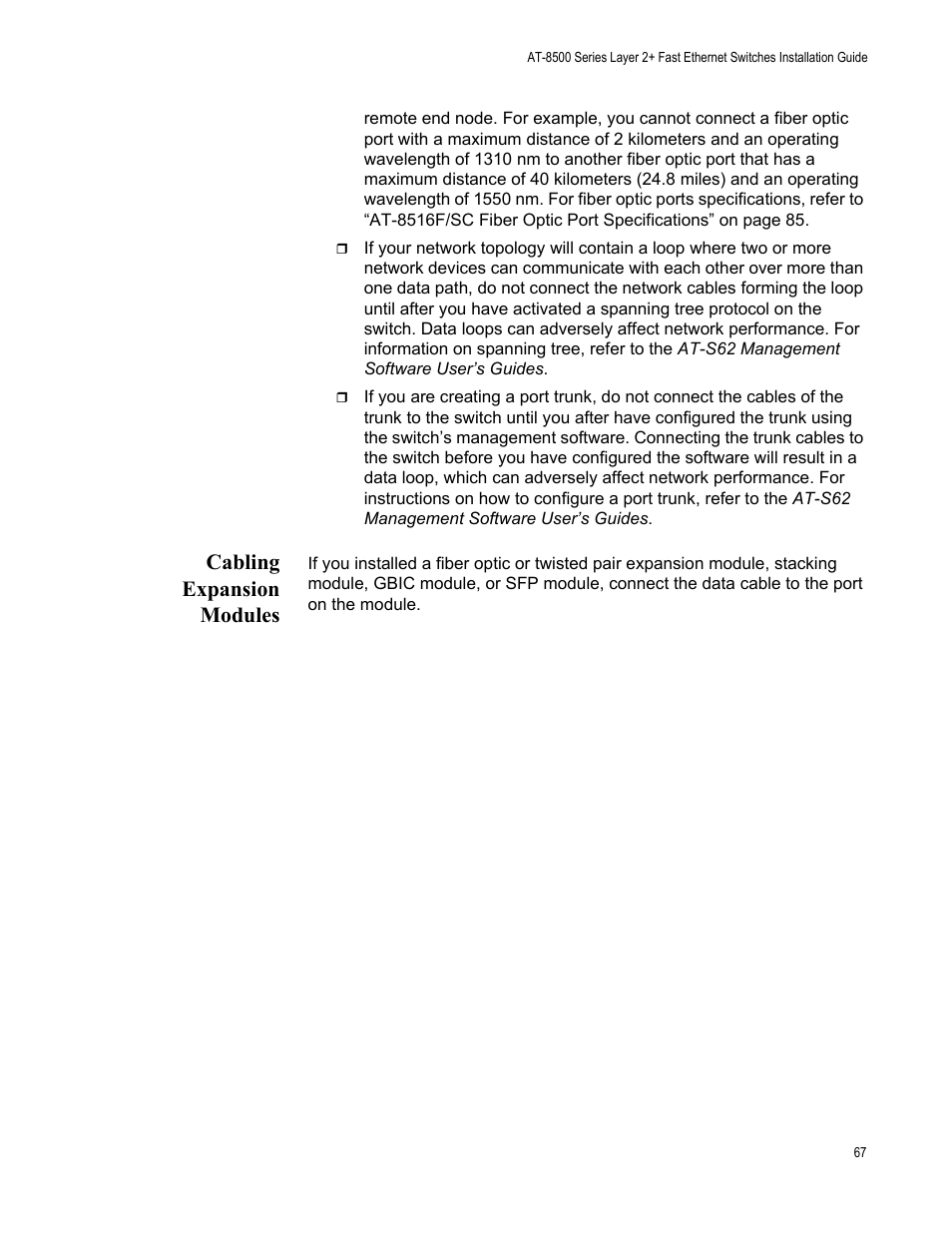 Cabling expansion modules | Allied Telesis AT-8550SP User Manual | Page 67 / 90