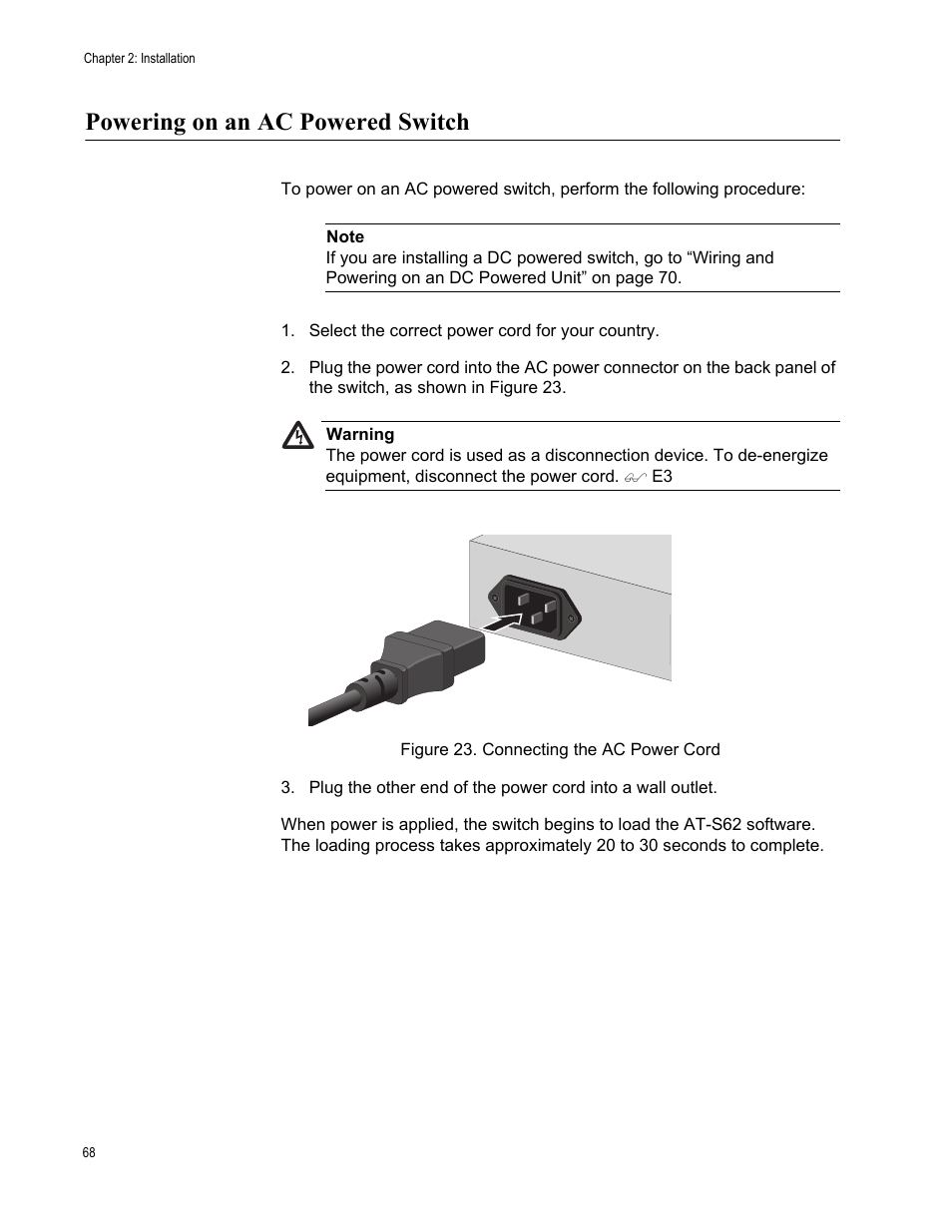 Powering on an ac powered switch, Select the correct power cord for your country, Figure 23. connecting the ac power cord | Allied Telesis AT-8550SP User Manual | Page 68 / 90