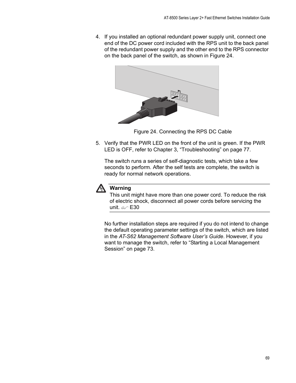 Figure 24. connecting the rps dc cable | Allied Telesis AT-8550SP User Manual | Page 69 / 90