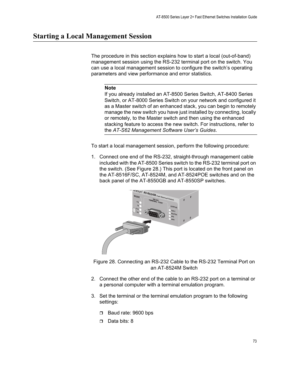 Starting a local management session, Baud rate: 9600 bps, Data bits: 8 | Allied Telesis AT-8550SP User Manual | Page 73 / 90