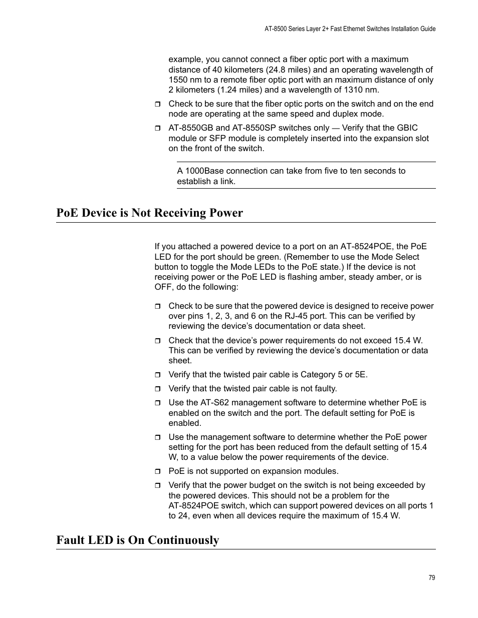 Poe device is not receiving power, Fault led is on continuously | Allied Telesis AT-8550SP User Manual | Page 79 / 90