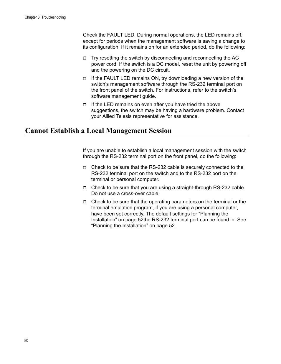 Cannot establish a local management session | Allied Telesis AT-8550SP User Manual | Page 80 / 90