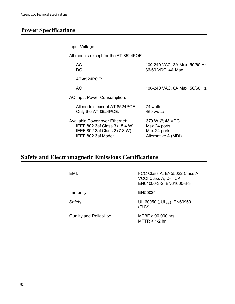 Power specifications, Power | Allied Telesis AT-8550SP User Manual | Page 82 / 90