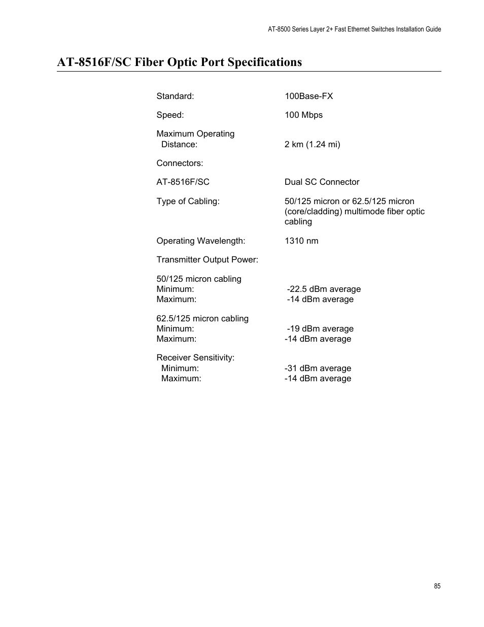 At8516f/sc fiber optic port specifications, At-8516f/sc fiber optic port specifications | Allied Telesis AT-8550SP User Manual | Page 85 / 90