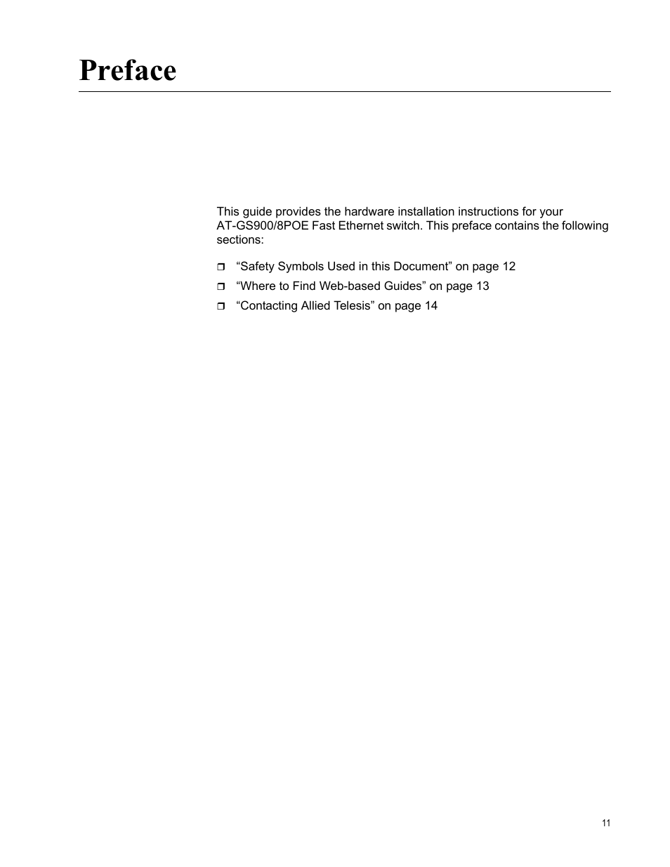 Preface | Allied Telesis AT-GS900/8POE User Manual | Page 11 / 52
