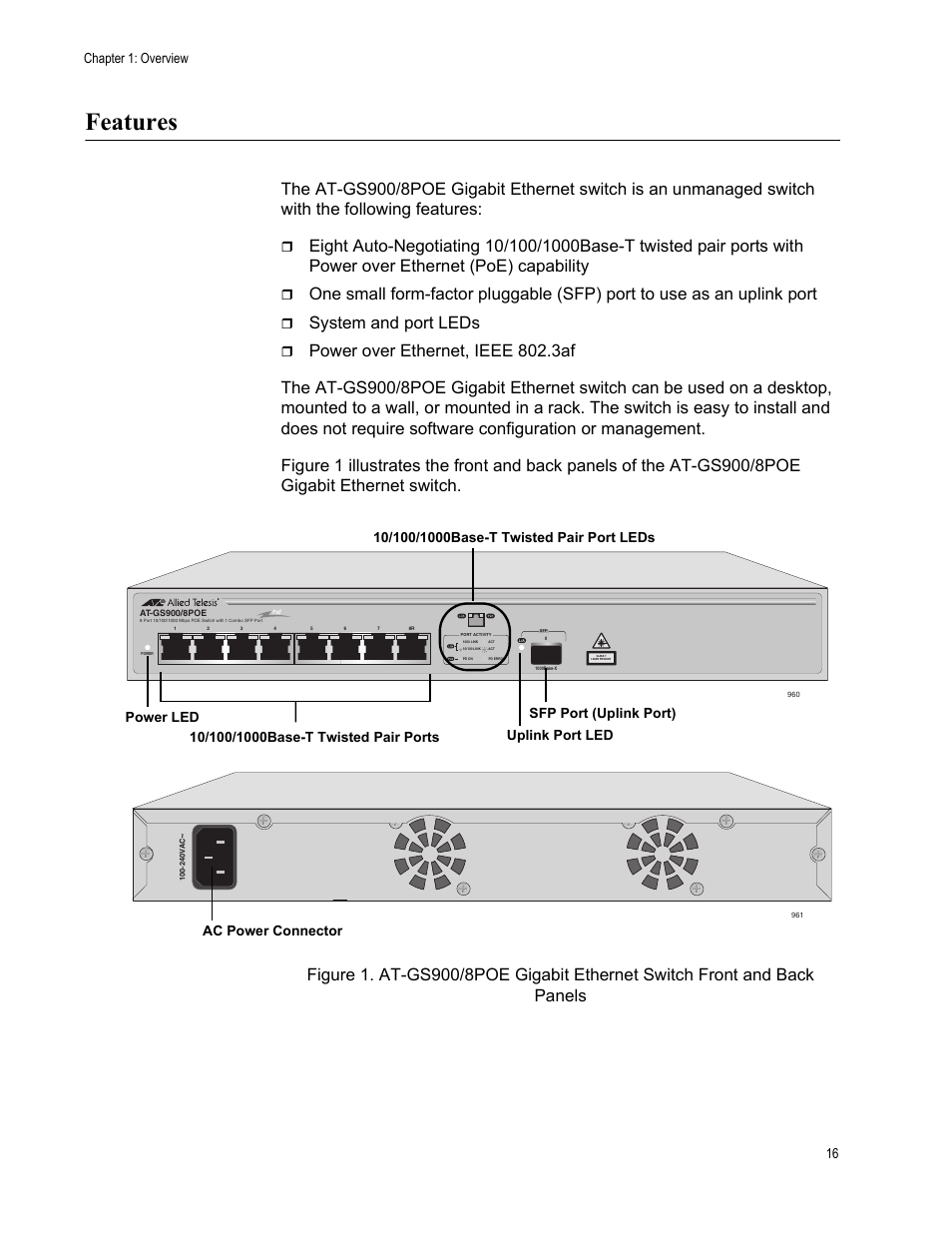 Features, System and port leds, Chapter 1: overview 16 | Allied Telesis AT-GS900/8POE User Manual | Page 16 / 52