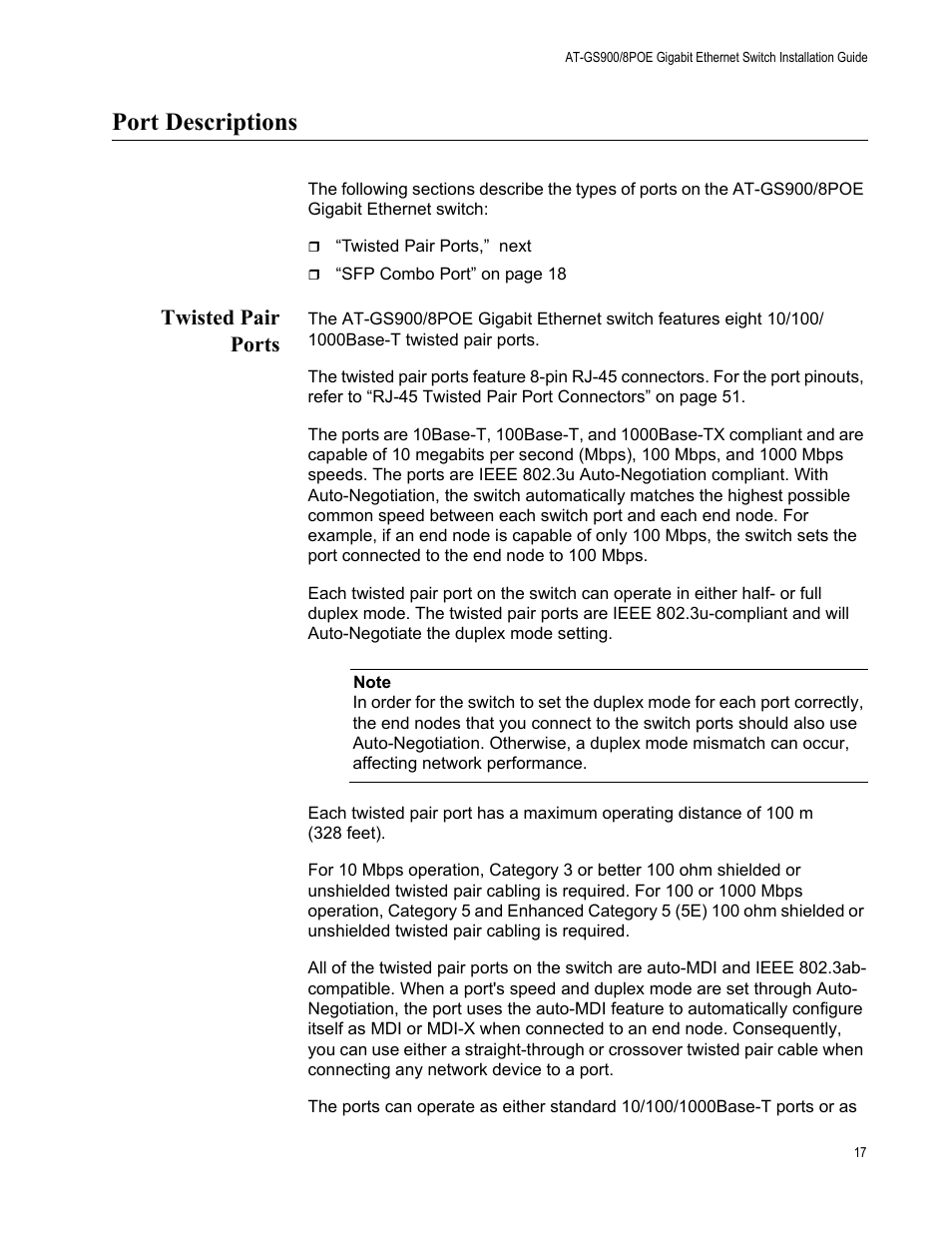 Port descriptions, Twisted pair ports | Allied Telesis AT-GS900/8POE User Manual | Page 17 / 52