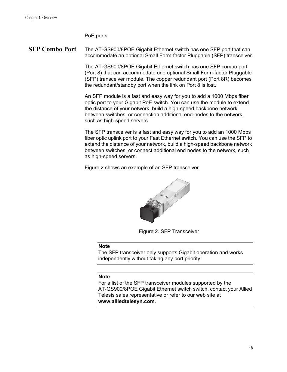 Sfp combo port, Figure 2. sfp transceiver | Allied Telesis AT-GS900/8POE User Manual | Page 18 / 52