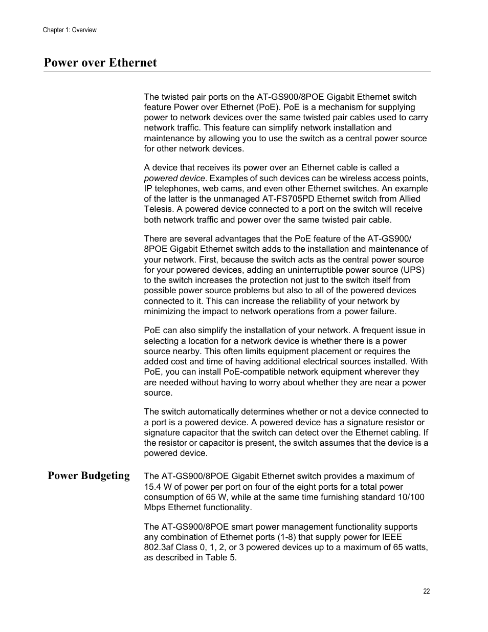 Power over ethernet, Power budgeting | Allied Telesis AT-GS900/8POE User Manual | Page 22 / 52