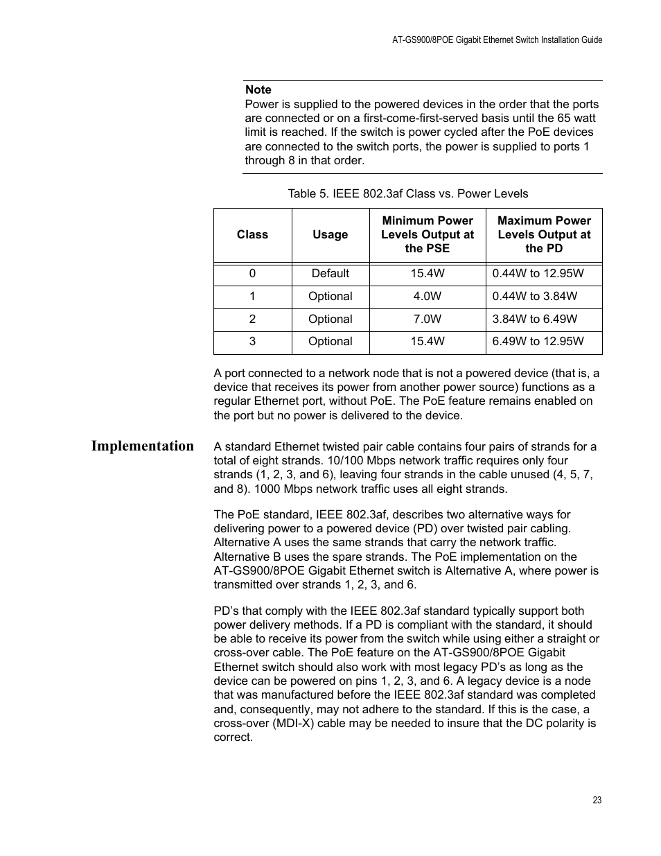 Implementation, Table 5. ieee 802.3af class vs. power levels | Allied Telesis AT-GS900/8POE User Manual | Page 23 / 52