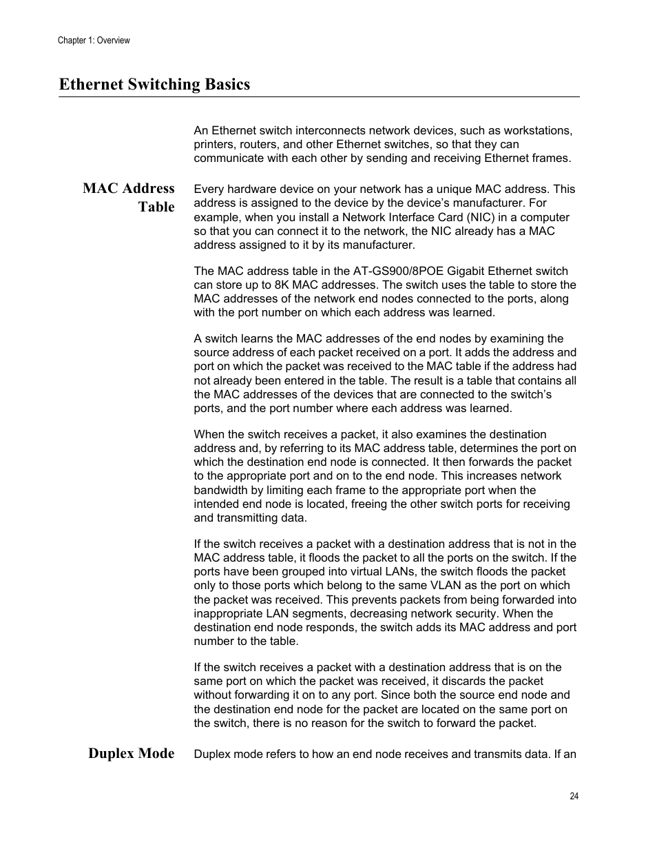 Ethernet switching basics, Mac address table, Duplex mode | Mac address table duplex mode | Allied Telesis AT-GS900/8POE User Manual | Page 24 / 52