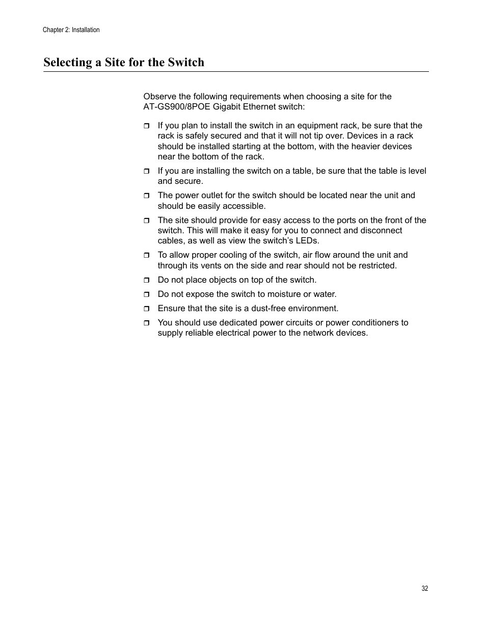Selecting a site for the switch | Allied Telesis AT-GS900/8POE User Manual | Page 32 / 52