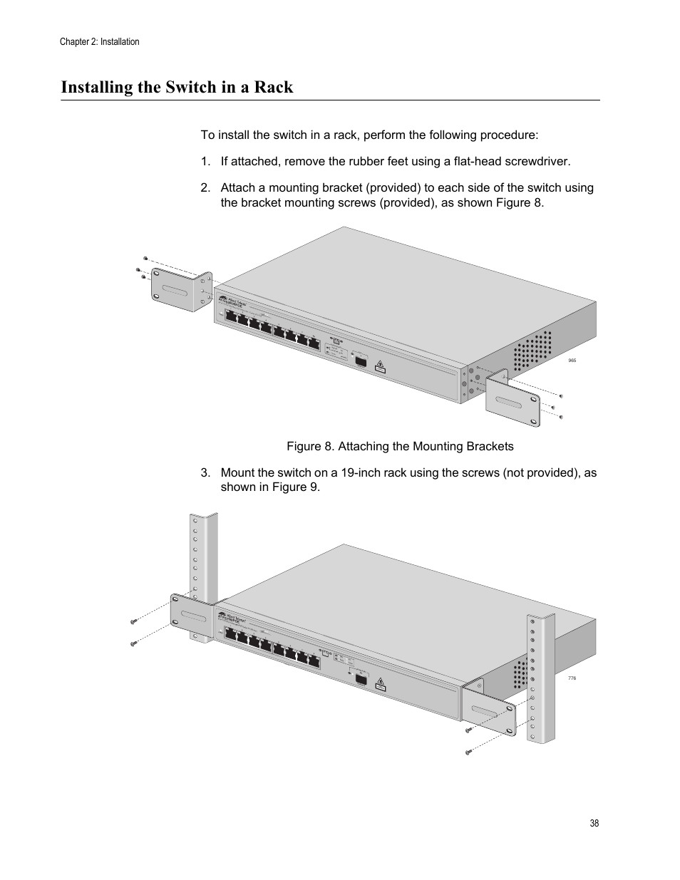 Installing the switch in a rack, Figure 8. attaching the mounting brackets, Chapter 2: installation 38 | Class 1 lase r pro duct, Pd on pd er r link act clas s 1 laser pro duct | Allied Telesis AT-GS900/8POE User Manual | Page 38 / 52