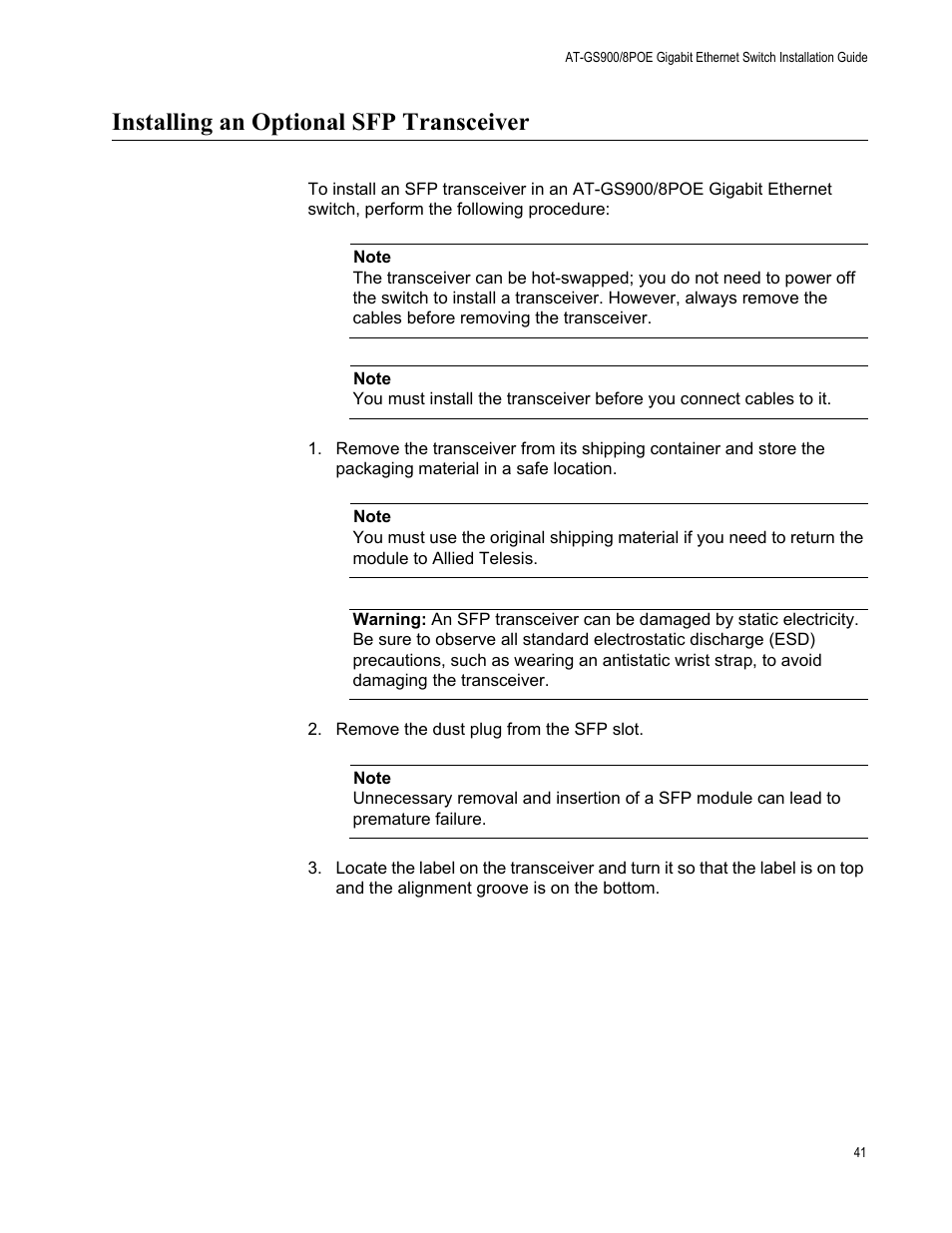 Installing an optional sfp transceiver | Allied Telesis AT-GS900/8POE User Manual | Page 41 / 52