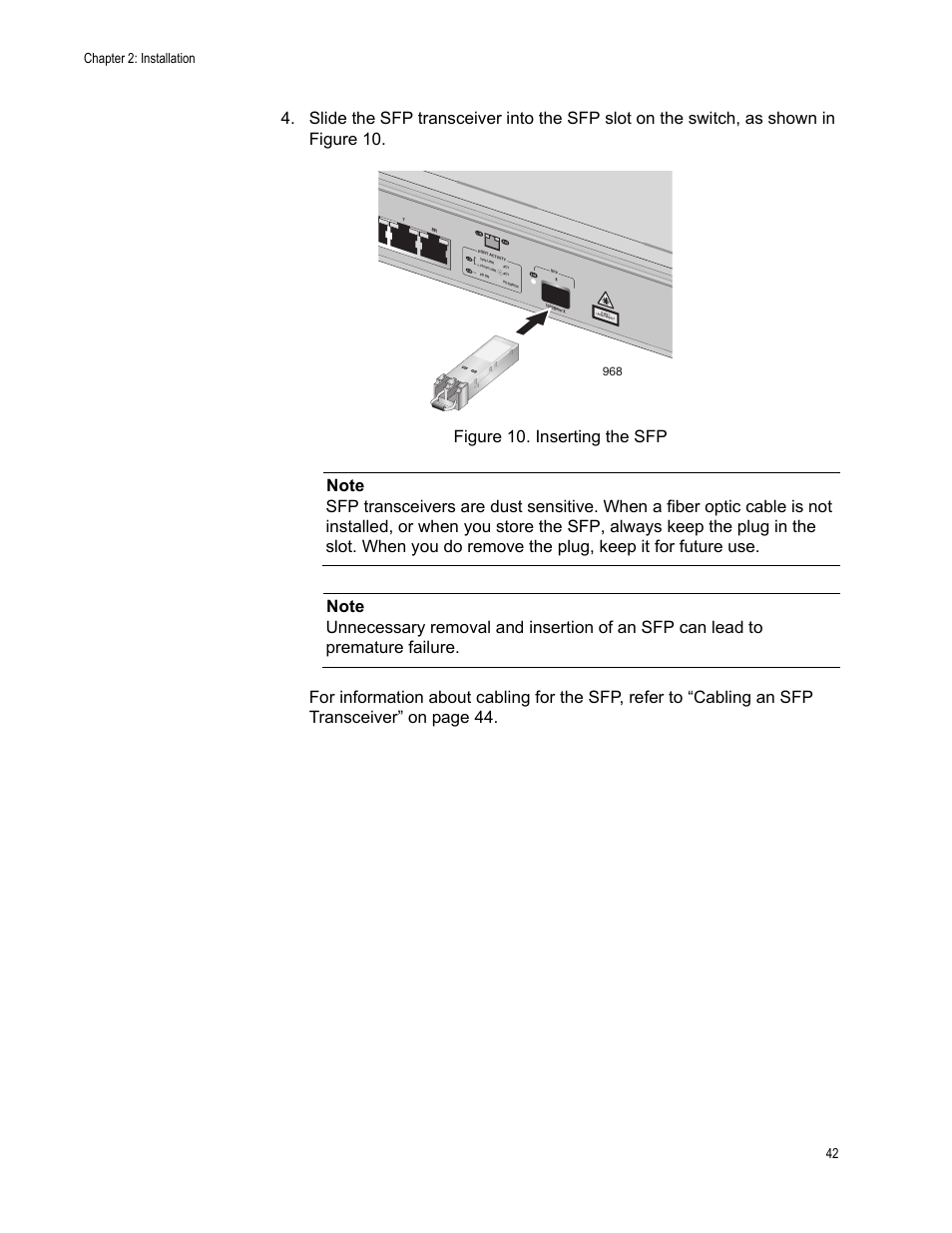 Figure 10. inserting the sfp, Chapter 2: installation 42 | Allied Telesis AT-GS900/8POE User Manual | Page 42 / 52