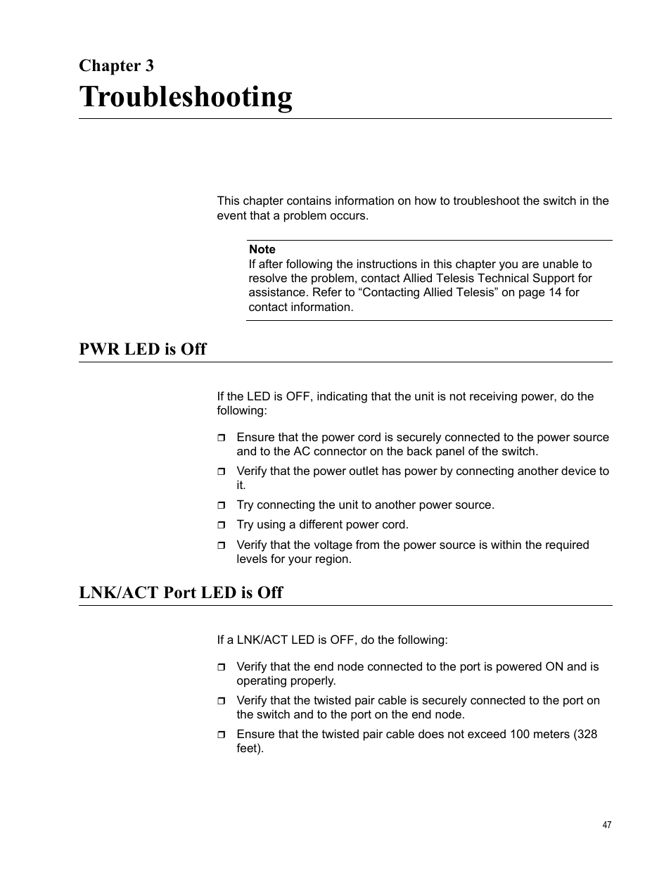Chapter 3, Troubleshooting, Pwr led is off | Lnk/act port led is off, R 3: troubleshooting, Pwr led is off lnk/act port led is off | Allied Telesis AT-GS900/8POE User Manual | Page 47 / 52