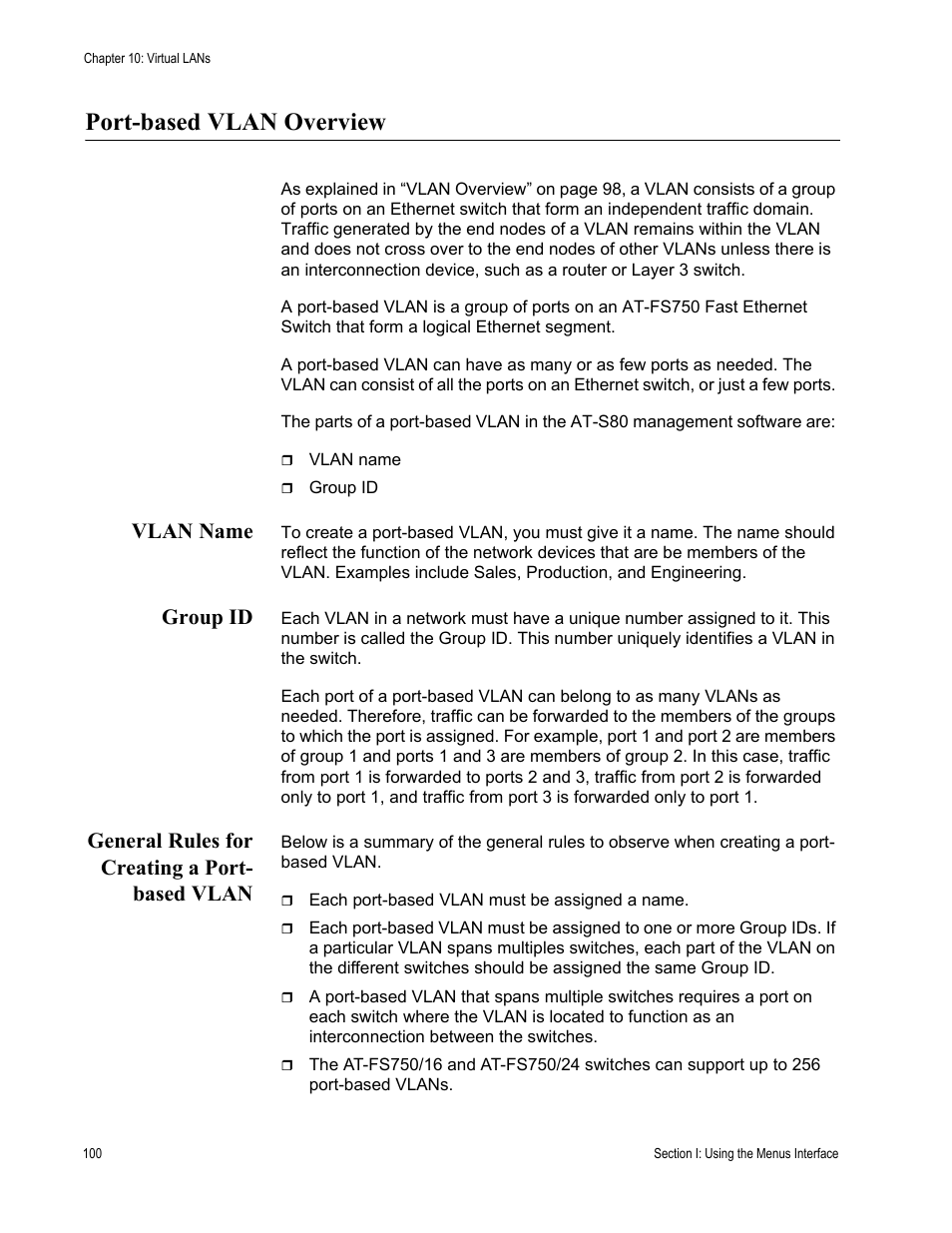 Port-based vlan overview, Vlan name, Group id | General rules for creating a port- based vlan | Allied Telesis AT-S80 User Manual | Page 100 / 346