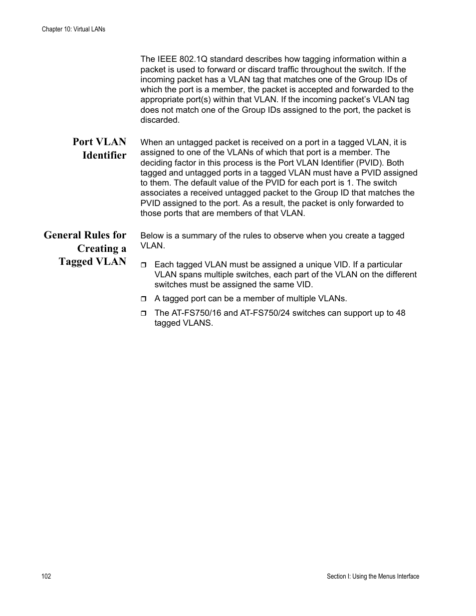 Port vlan identifier, General rules for creating a tagged vlan | Allied Telesis AT-S80 User Manual | Page 102 / 346