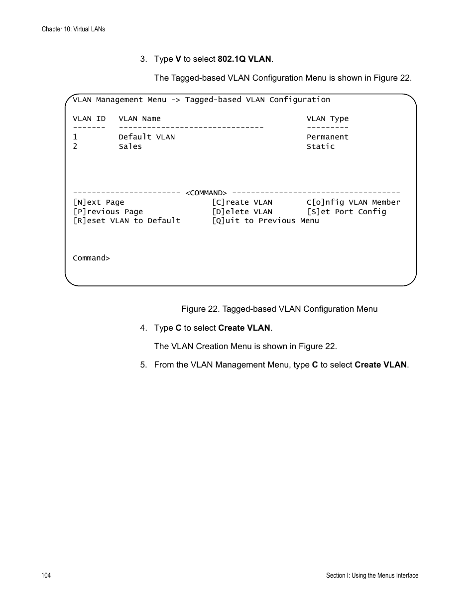 Figure 22. tagged-based vlan configuration menu | Allied Telesis AT-S80 User Manual | Page 104 / 346